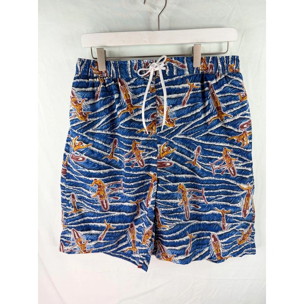 Polo Sport Ralph Lauren Mens Blue Surfer Wave Print‎ Swim Trunks Size M Vintage